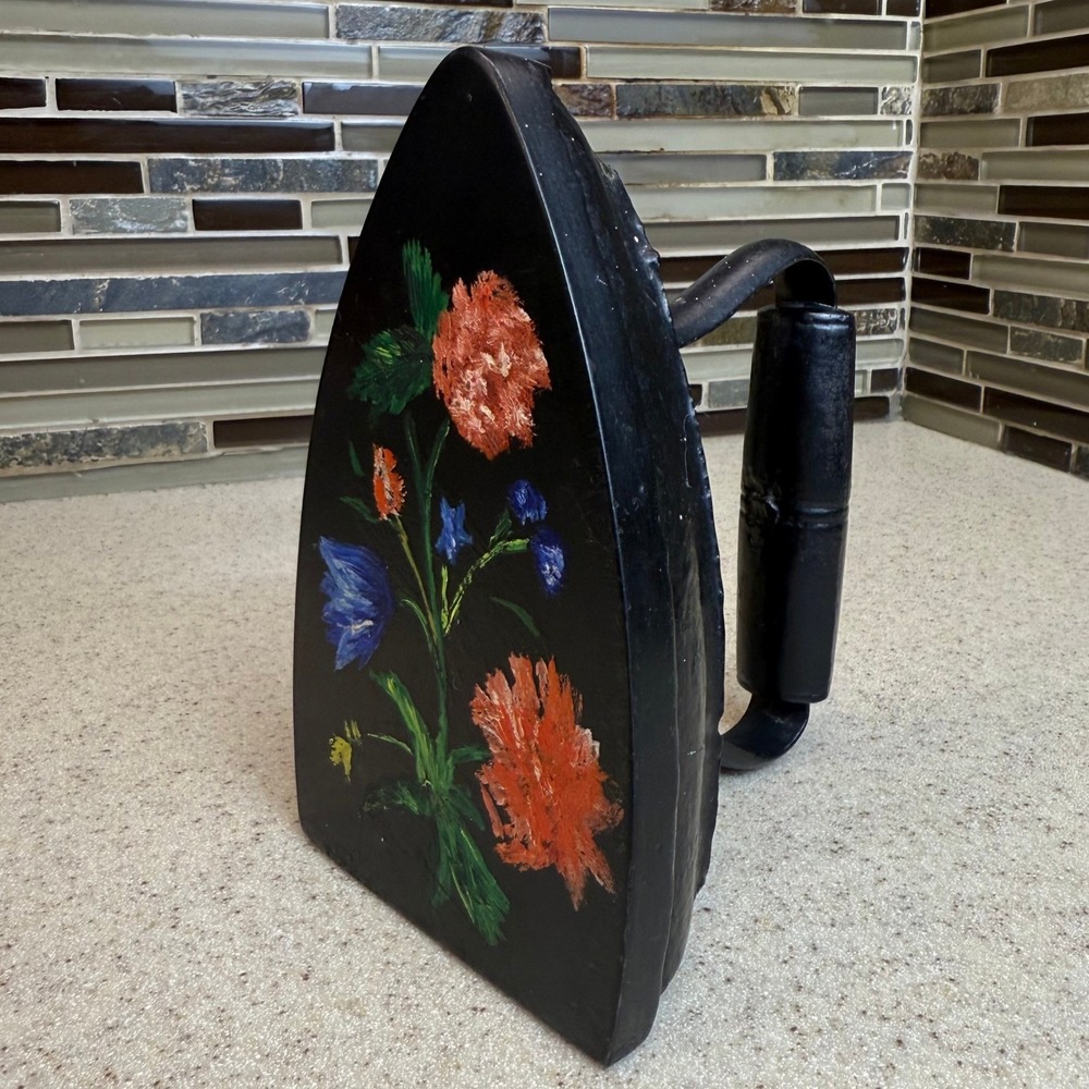 Antique Cast Iron Sad Iron Hand Painted Floral Doorstop Vintage Folk Art Heavy‎